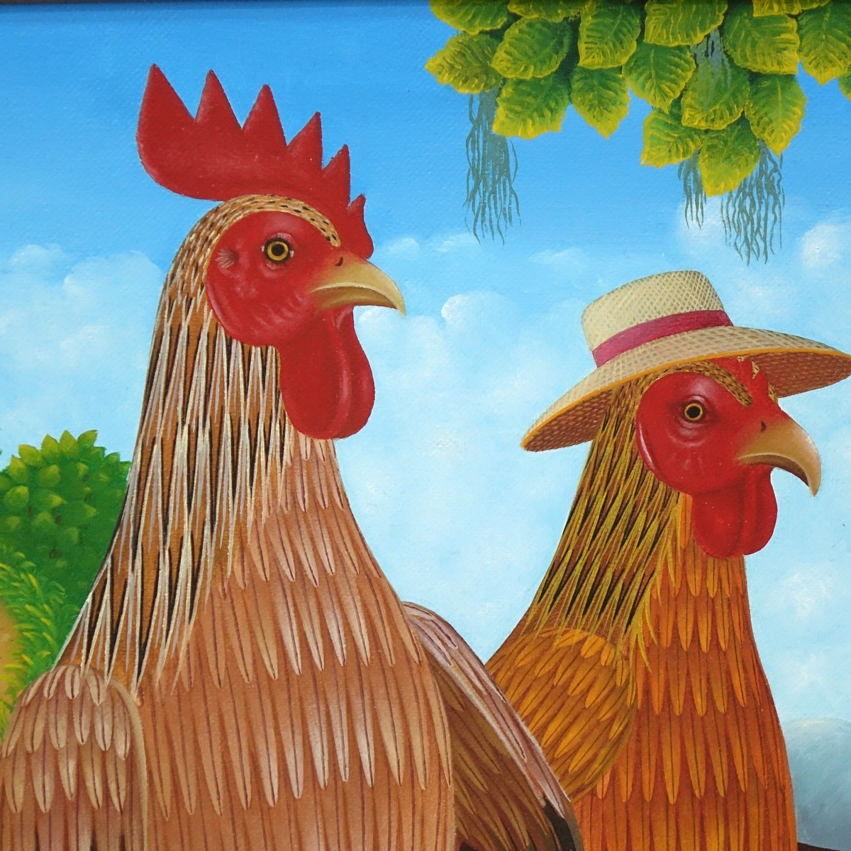Fritzner Lamour, Haitian  (born 1948) Oil on Canvas, Bird Couple Holding Arms, Signed Lower Left. Good condition.