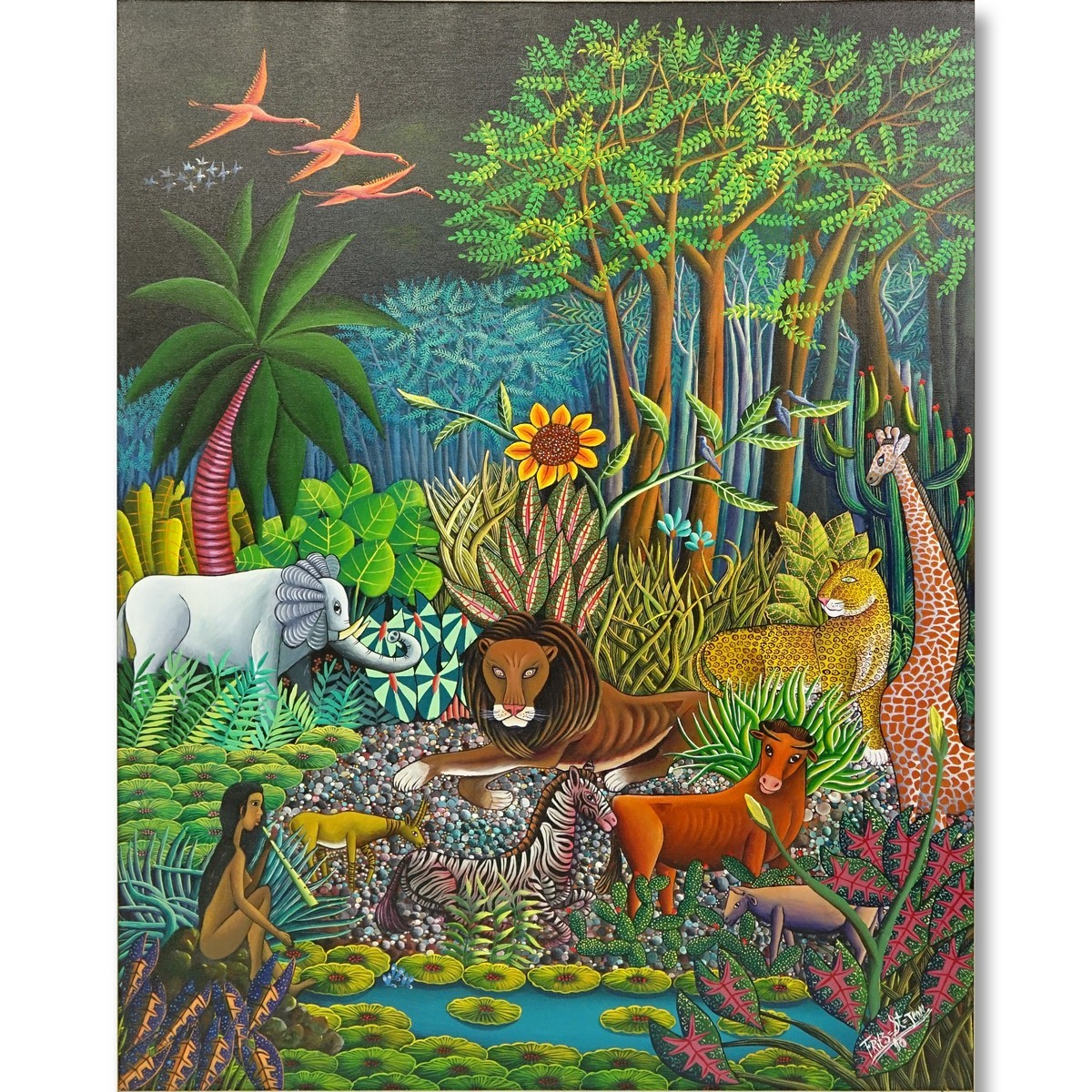 Fritz Saint-Jean, Haitian  (20th C) Oil on Canvas, Jungle Scene with Animals, Signed and Dated 1990 Lower Right. Artist information attached en verso.