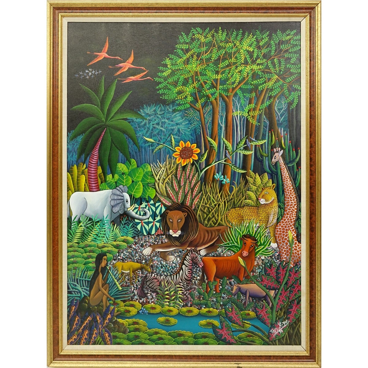 Fritz Saint-Jean, Haitian  (20th C) Oil on Canvas, Jungle Scene with Animals, Signed and Dated 1990 Lower Right. Artist information attached en verso.