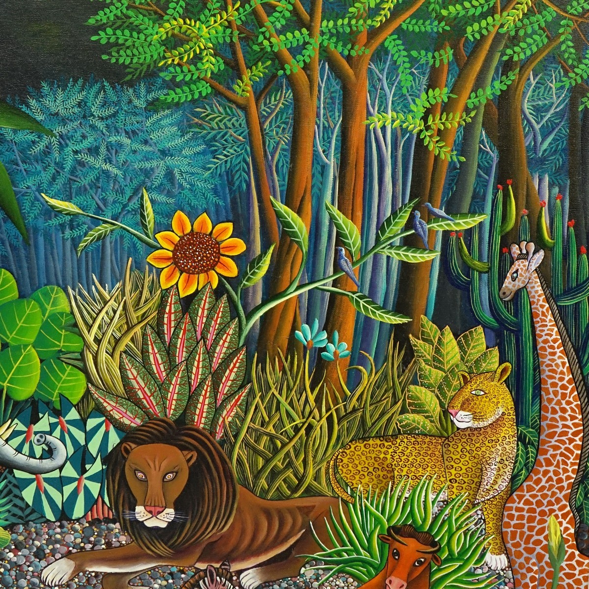 Fritz Saint-Jean, Haitian  (20th C) Oil on Canvas, Jungle Scene with Animals, Signed and Dated 1990 Lower Right. Artist information attached en verso.