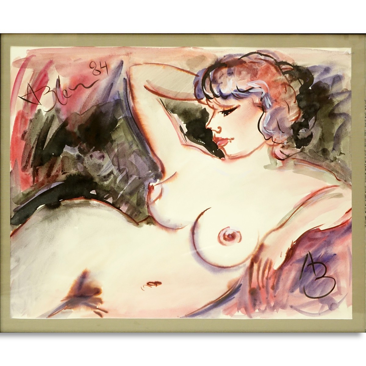 Attributed to: Anatoly Timofeivich Zverev, Russian. Watercolor on paper "Reclining Nude" Initialed and dated '84.