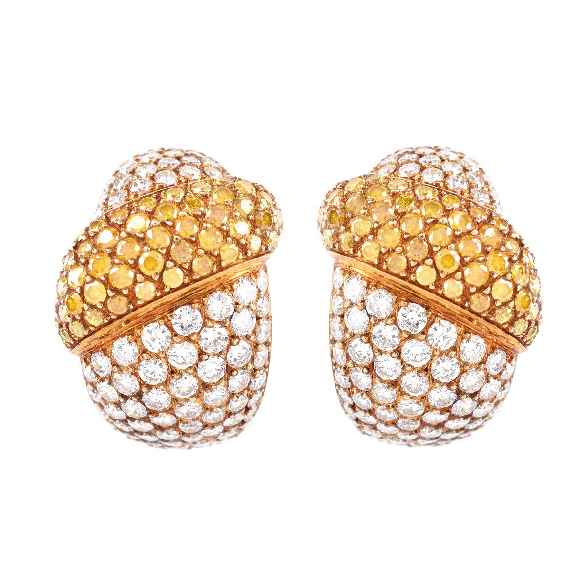 Approx. 9.0 Carat Pave Set Round Brilliant Cut Fancy Yellow and White Diamond and 18 Karat Yellow Gold Earrings.