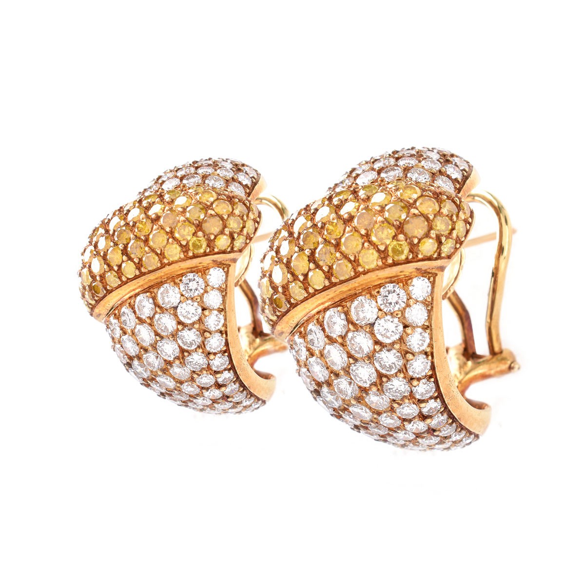 Approx. 9.0 Carat Pave Set Round Brilliant Cut Fancy Yellow and White Diamond and 18 Karat Yellow Gold Earrings.