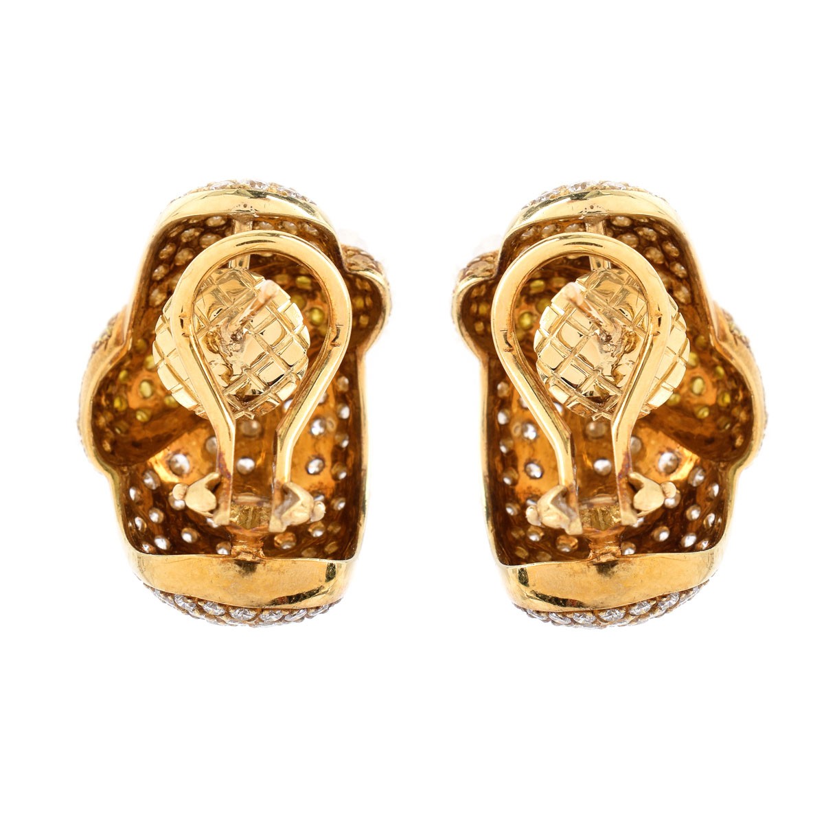 Approx. 9.0 Carat Pave Set Round Brilliant Cut Fancy Yellow and White Diamond and 18 Karat Yellow Gold Earrings.