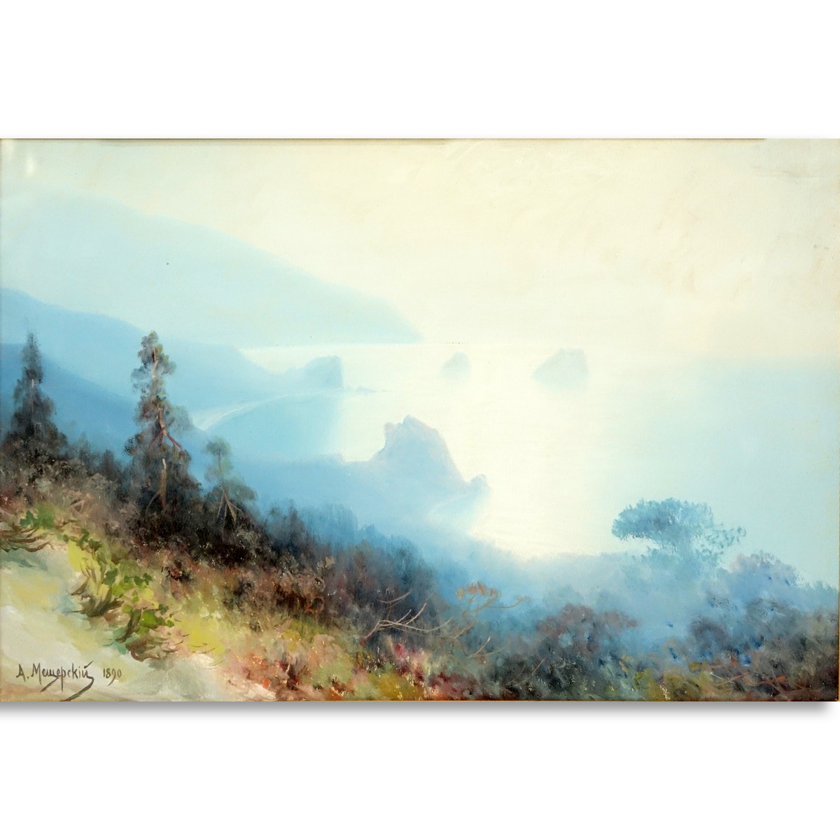 Arsenii Ivanovich Meschersky, Russian (1834 - 1902) Watercolor on paper "Mountain Shoreline" Signed dated 1890 lower left. Minor stains or in good condition.
