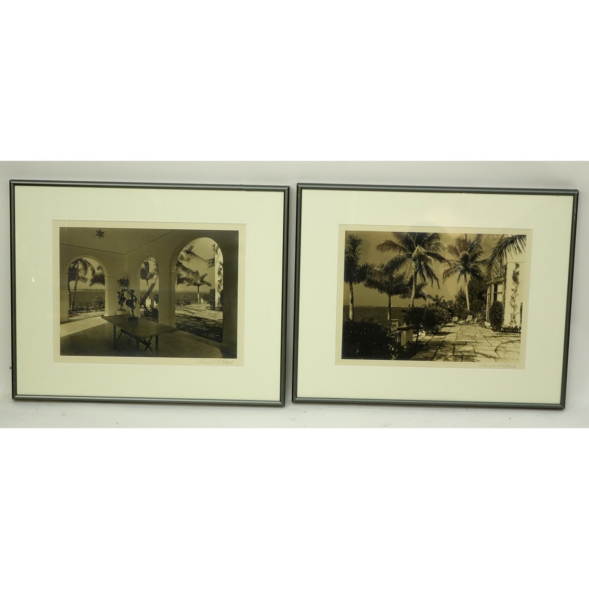 Two (2) Works by Samuel Gottscho, American (1875 - 1971) Black and White Silver Gelatin Prints of Two Courtyard Scenes, Each Signed Lower Right. Good condition.