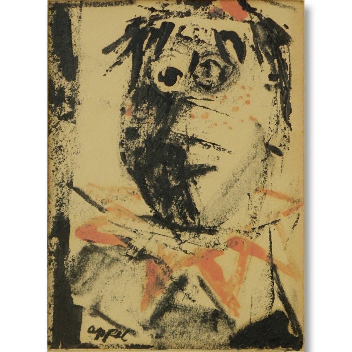 Karel Christiaan Appel, American (1921 - 2006) Ink and watercolor on paper "Clown" Signed Lower Left. Possibly 1950.