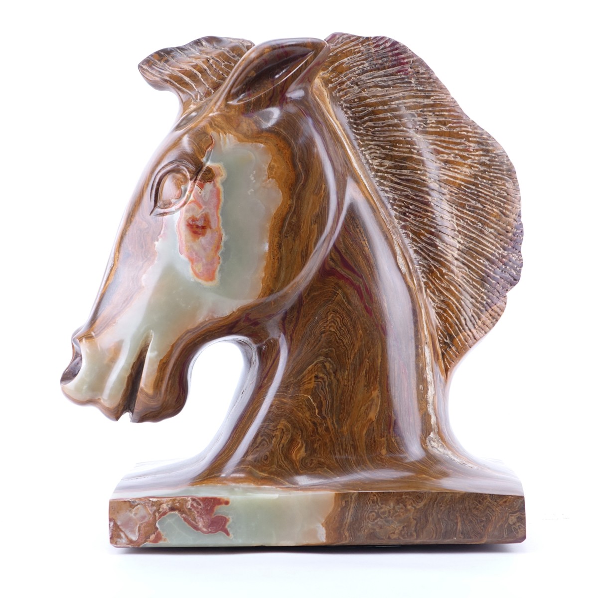 Large Carved Onyx Horse Head Sculpture Signed Bernie M. Rotating platform attached to base.