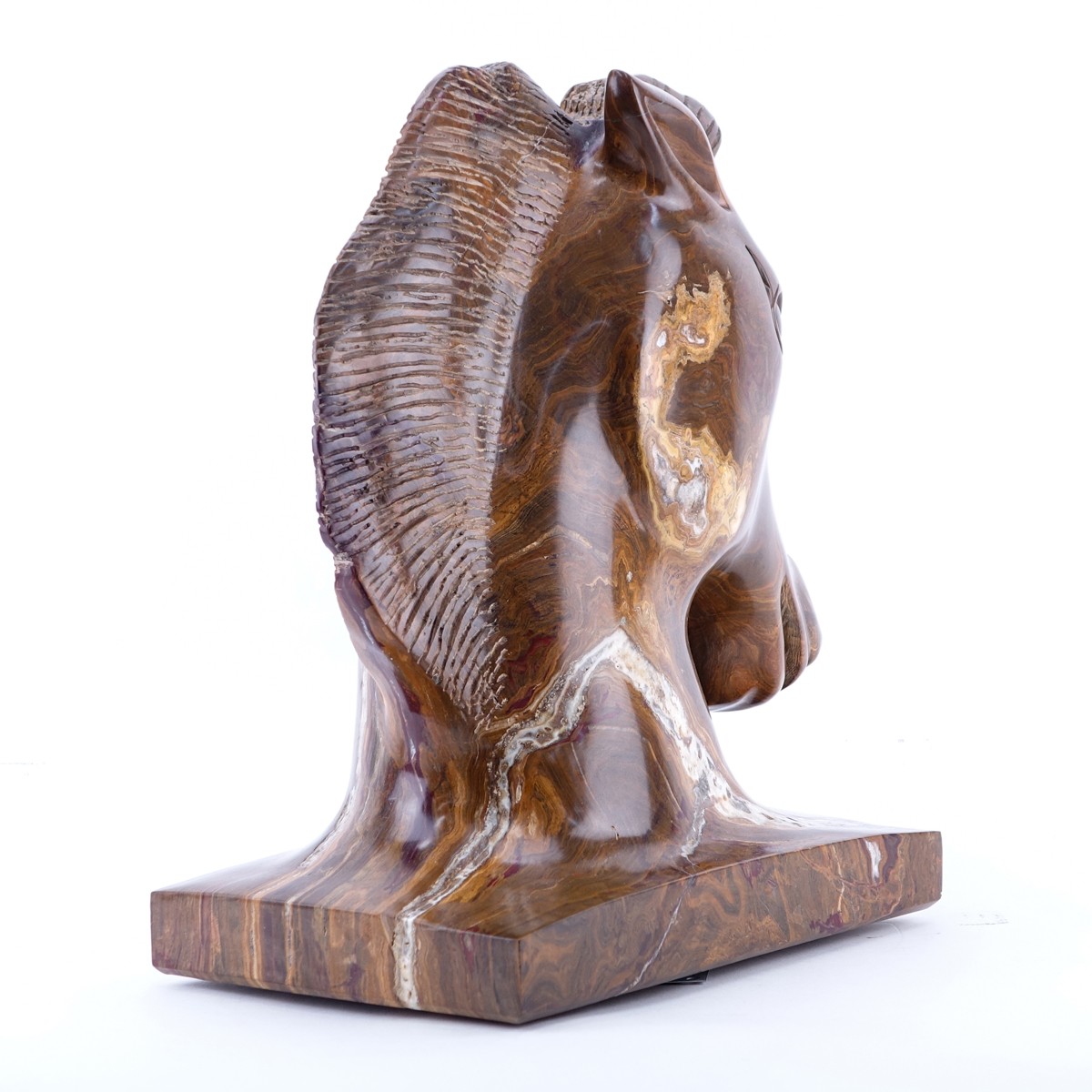 Large Carved Onyx Horse Head Sculpture Signed Bernie M. Rotating platform attached to base.