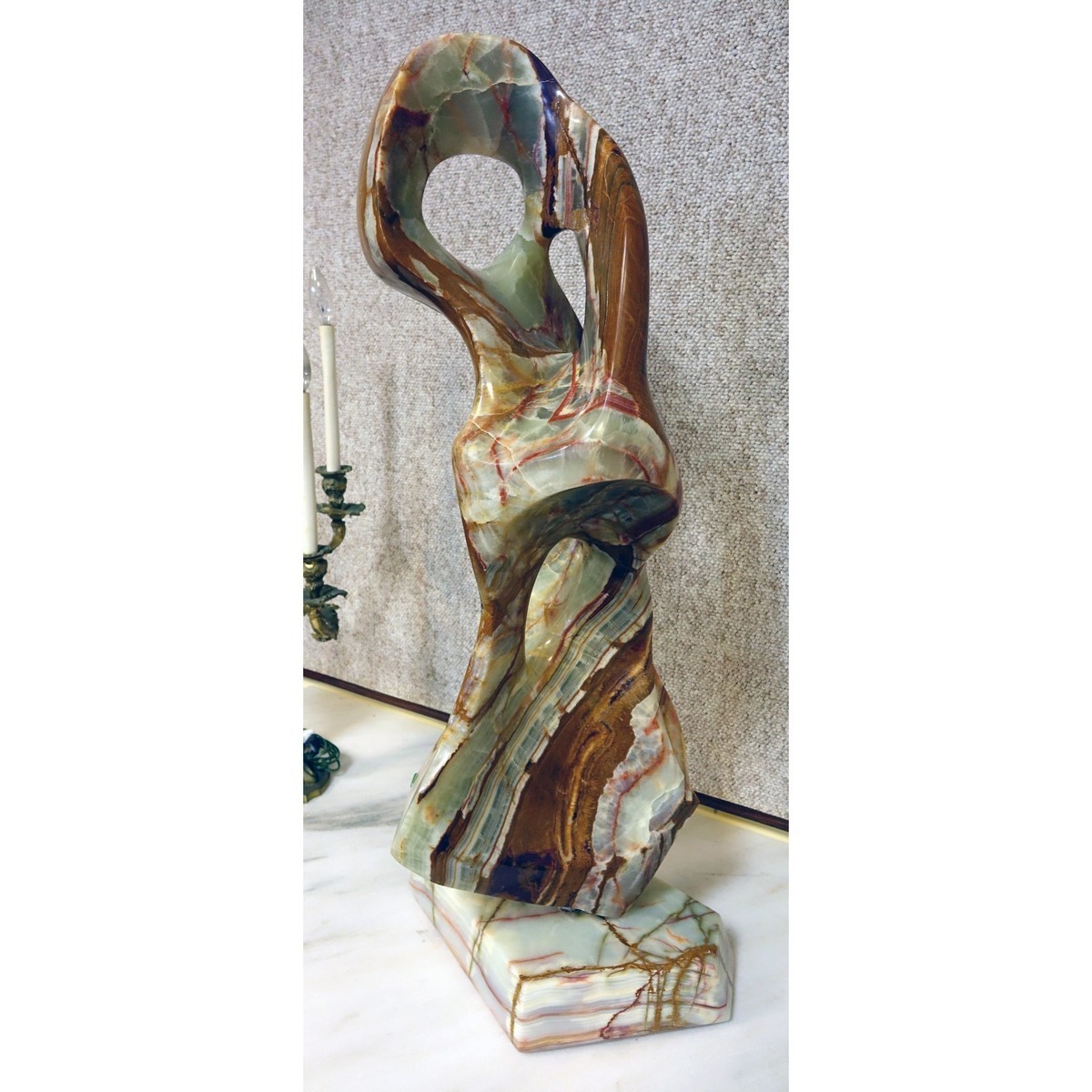 Large Carved Onyx Abstract-Free Form Sculpture on Matching Base Signed Bernie M. Good condition.