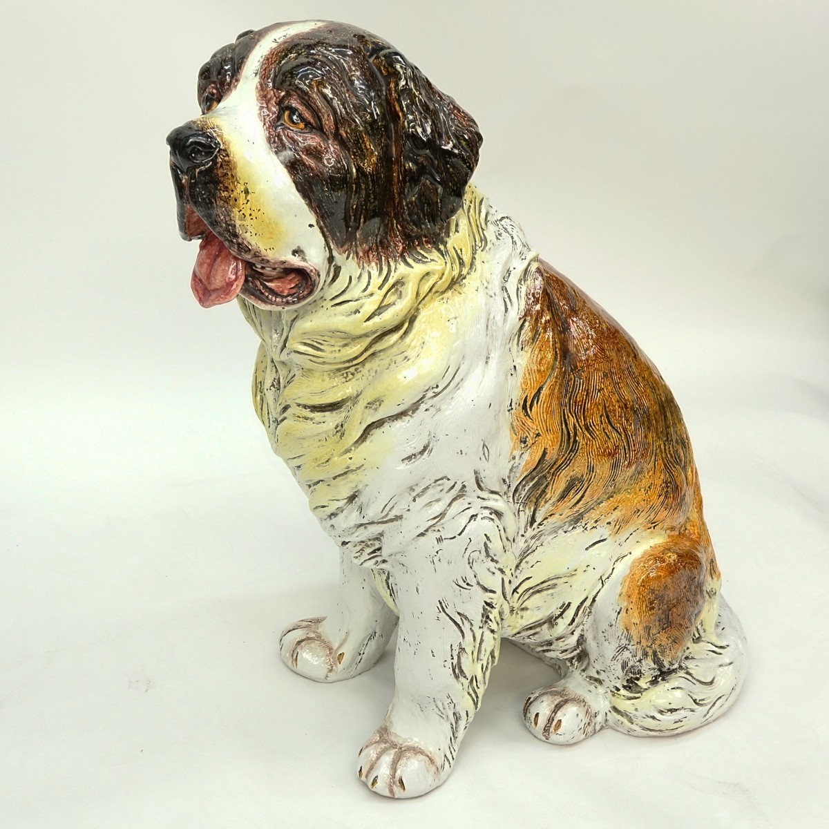 Life Size Saint Bernard Glaze Pottery Entry or Garden Figurine. Crackle to glaze, stains.