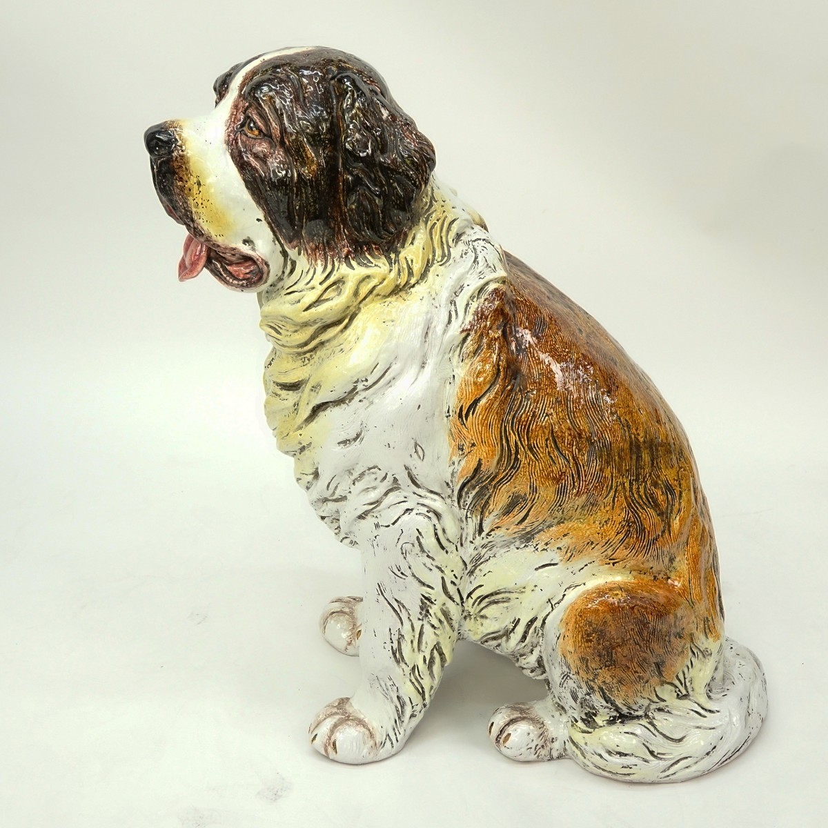 Life Size Saint Bernard Glaze Pottery Entry or Garden Figurine. Crackle to glaze, stains.