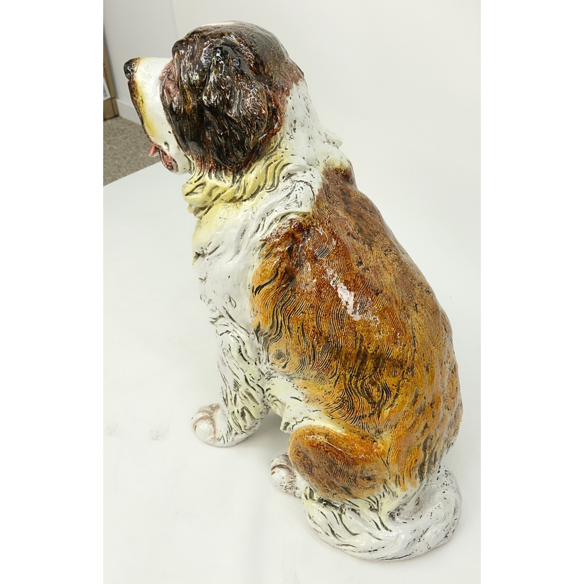 Life Size Saint Bernard Glaze Pottery Entry or Garden Figurine. Crackle to glaze, stains.