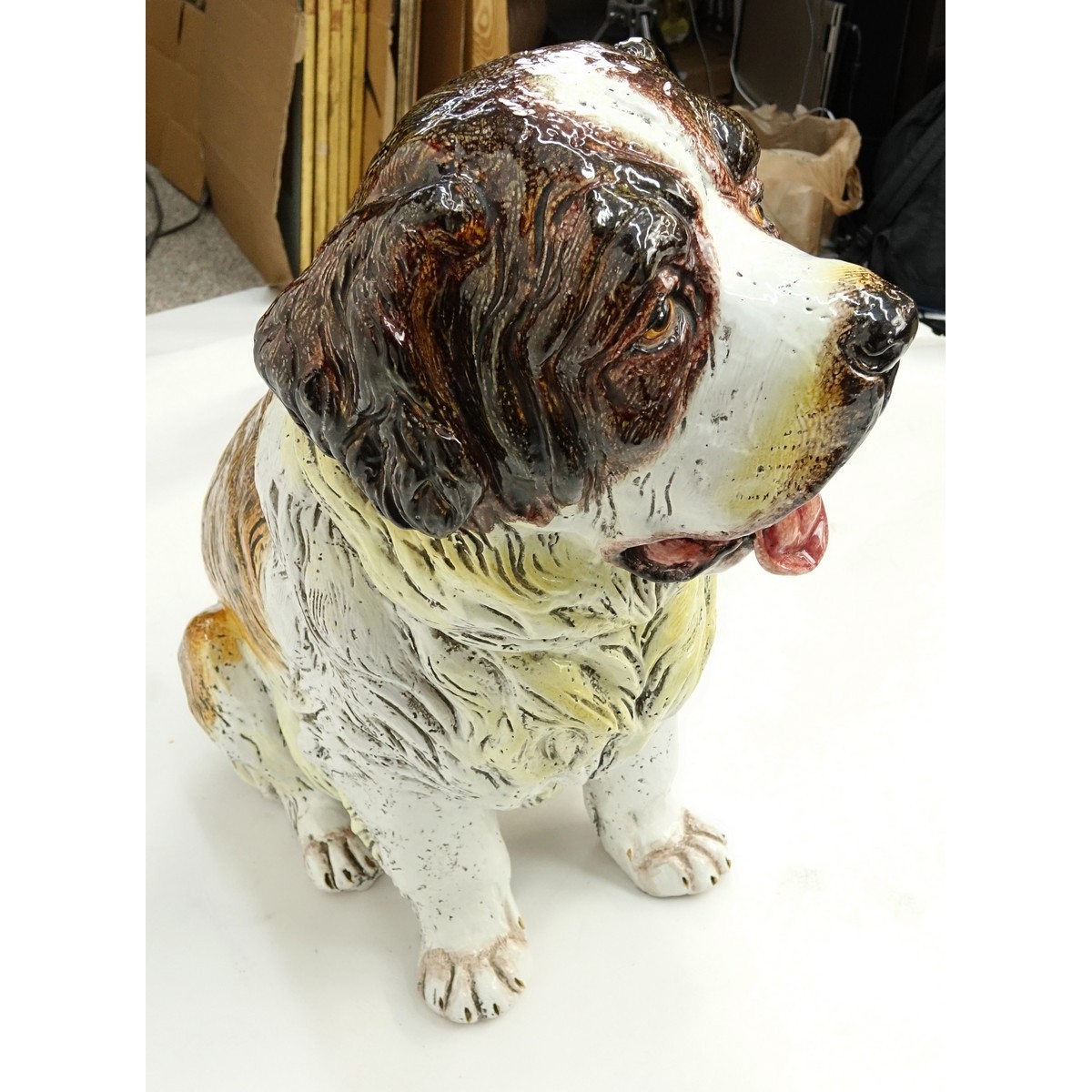 Life Size Saint Bernard Glaze Pottery Entry or Garden Figurine. Crackle to glaze, stains.