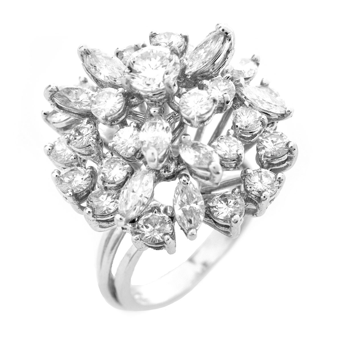 Vintage Approx. 5.0 Carat Marquise and Round Brilliant Cut Diamond and Platinum Cluster Ring.