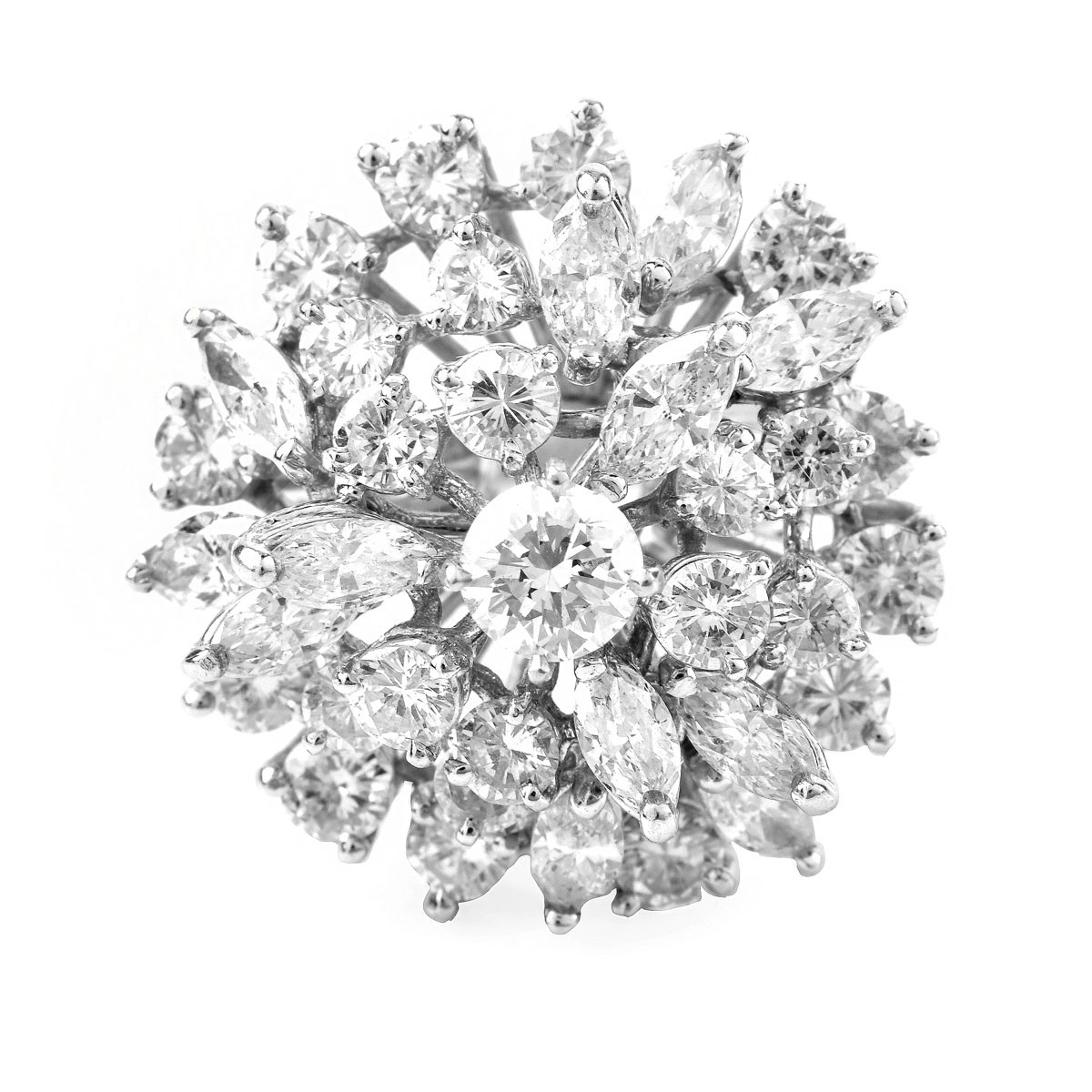 Vintage Approx. 5.0 Carat Marquise and Round Brilliant Cut Diamond and Platinum Cluster Ring.