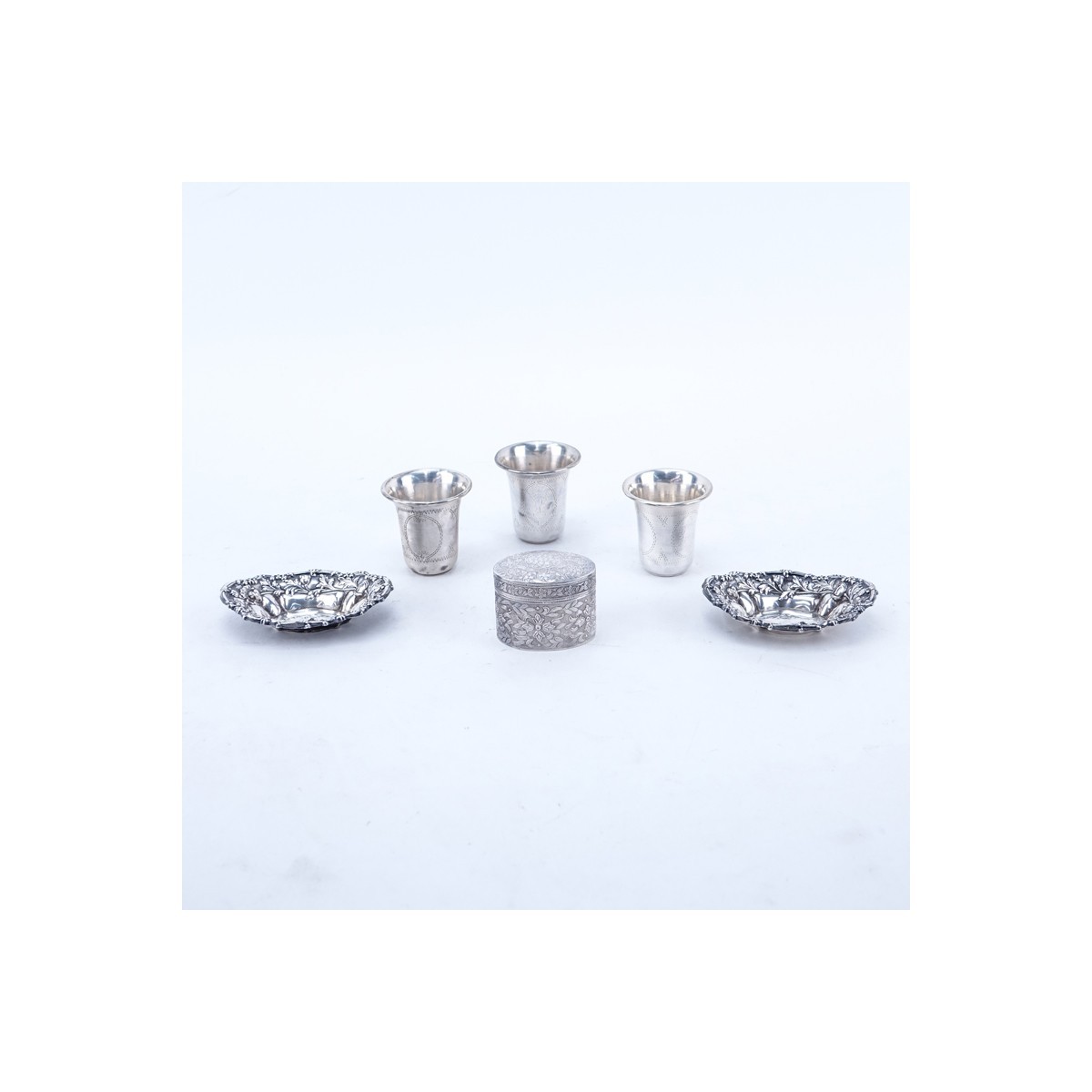 Group of Six (6): Three Sterling Silver Kiddush 2-1/4" H, Two Repousse Sterling Silver Nut Dishes 4" W, and 800 Silver Repousse Covered Box 2" H. All appropriately stamped.