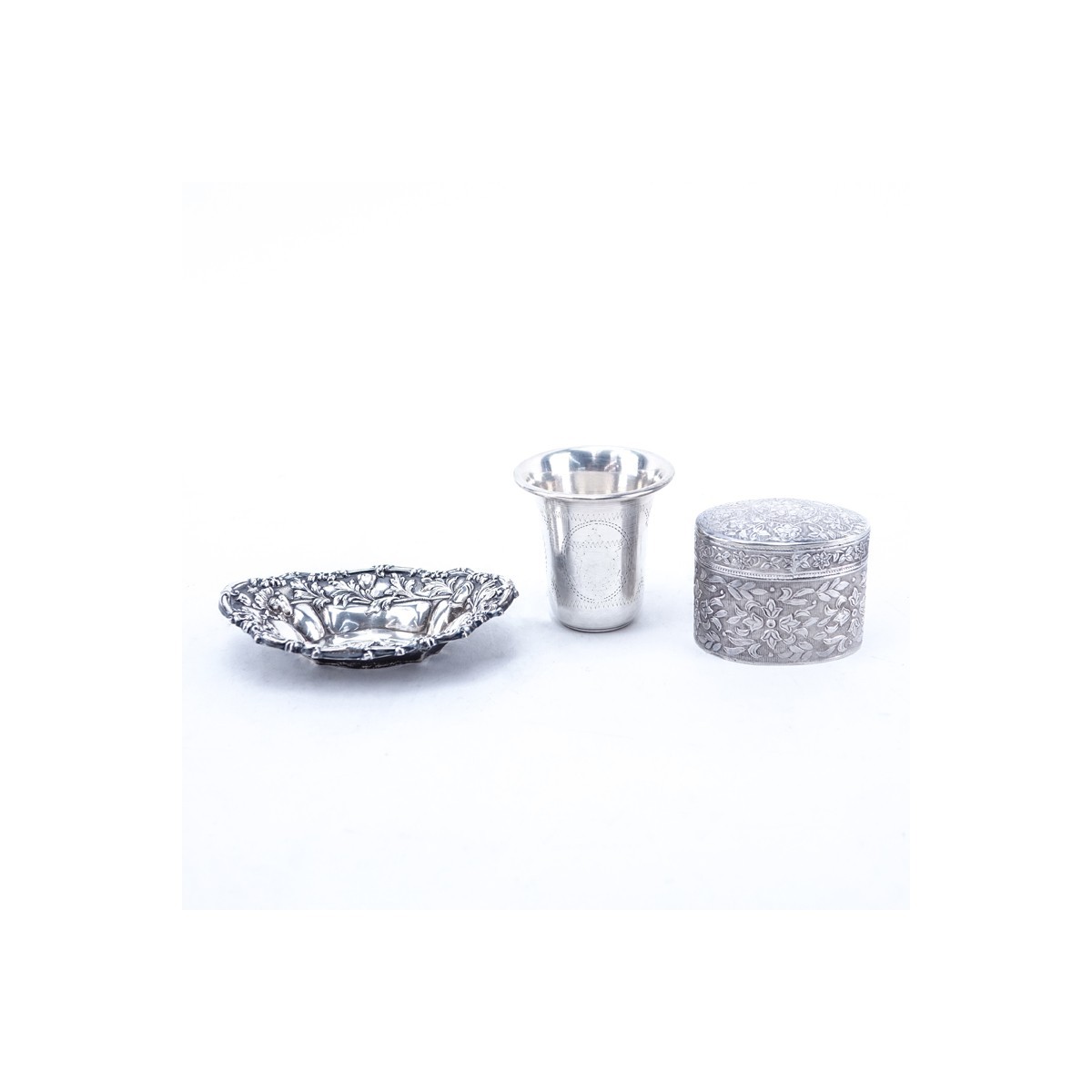 Group of Six (6): Three Sterling Silver Kiddush 2-1/4" H, Two Repousse Sterling Silver Nut Dishes 4" W, and 800 Silver Repousse Covered Box 2" H. All appropriately stamped.