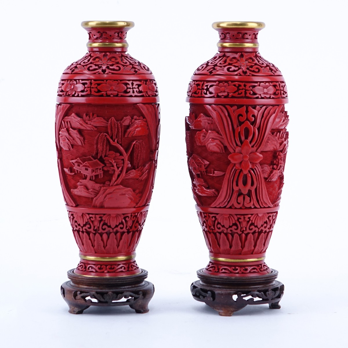 Two Vintage Cinnabar Vases With Stands. Intricately carved village scenes.