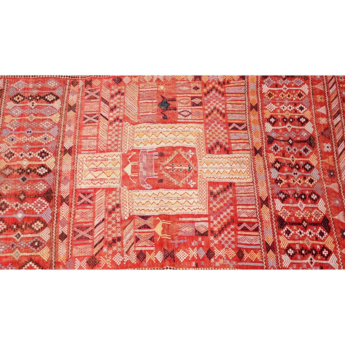 Semi Antique Moroccan Hand Knotted Tribal Rug. Wear to fringes, normal discoloration.