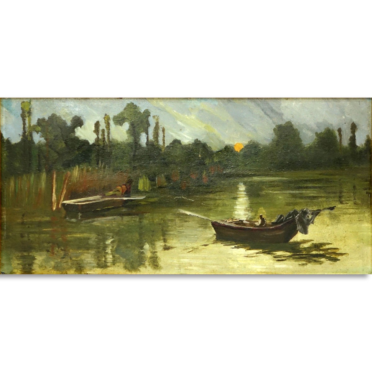 19/20th Century Egyptian School Oil on Board, Paddle Boat in Open Water, Unsigned. Some spotting, small scuffs line.