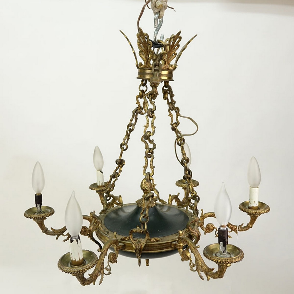 19/20th Century Empire Style Six-Light Gilt Brass and Tole Chandelier.  Rubbing to gilt, losses to light cover.