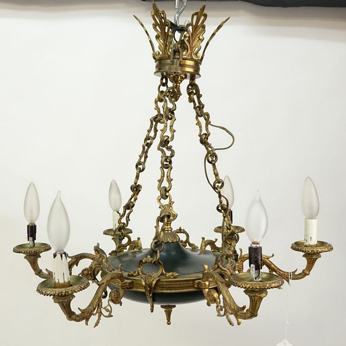 19/20th Century Empire Style Six-Light Gilt Brass and Tole Chandelier.  Rubbing to gilt, losses to light cover.