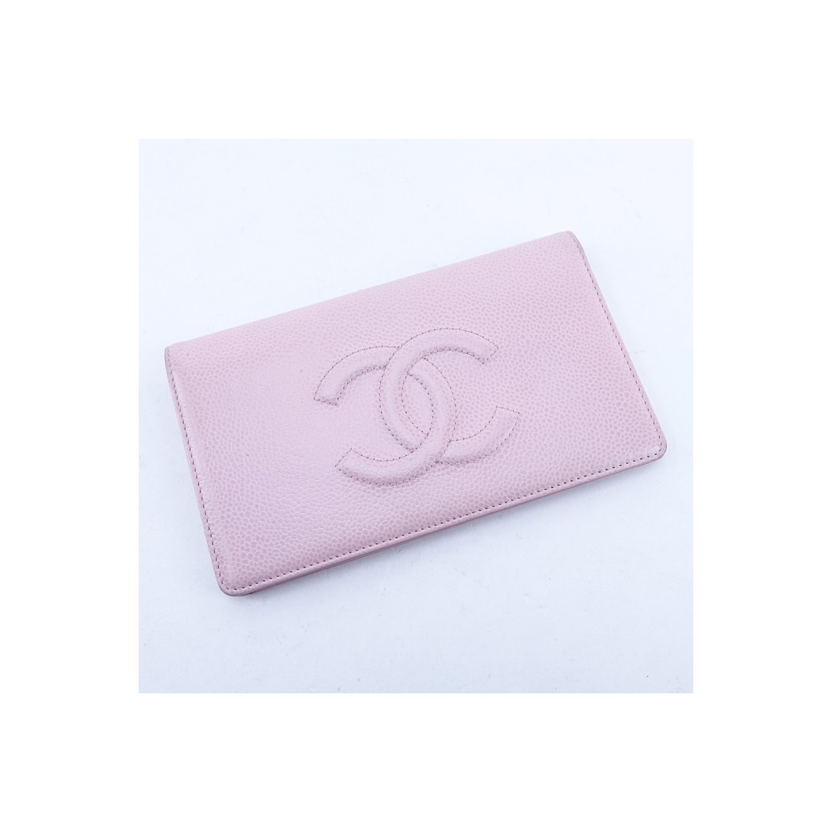 Chanel Pink Caviar Leather Front Logo Long Wallet. Interior with 8 slots, zippered change pocket.