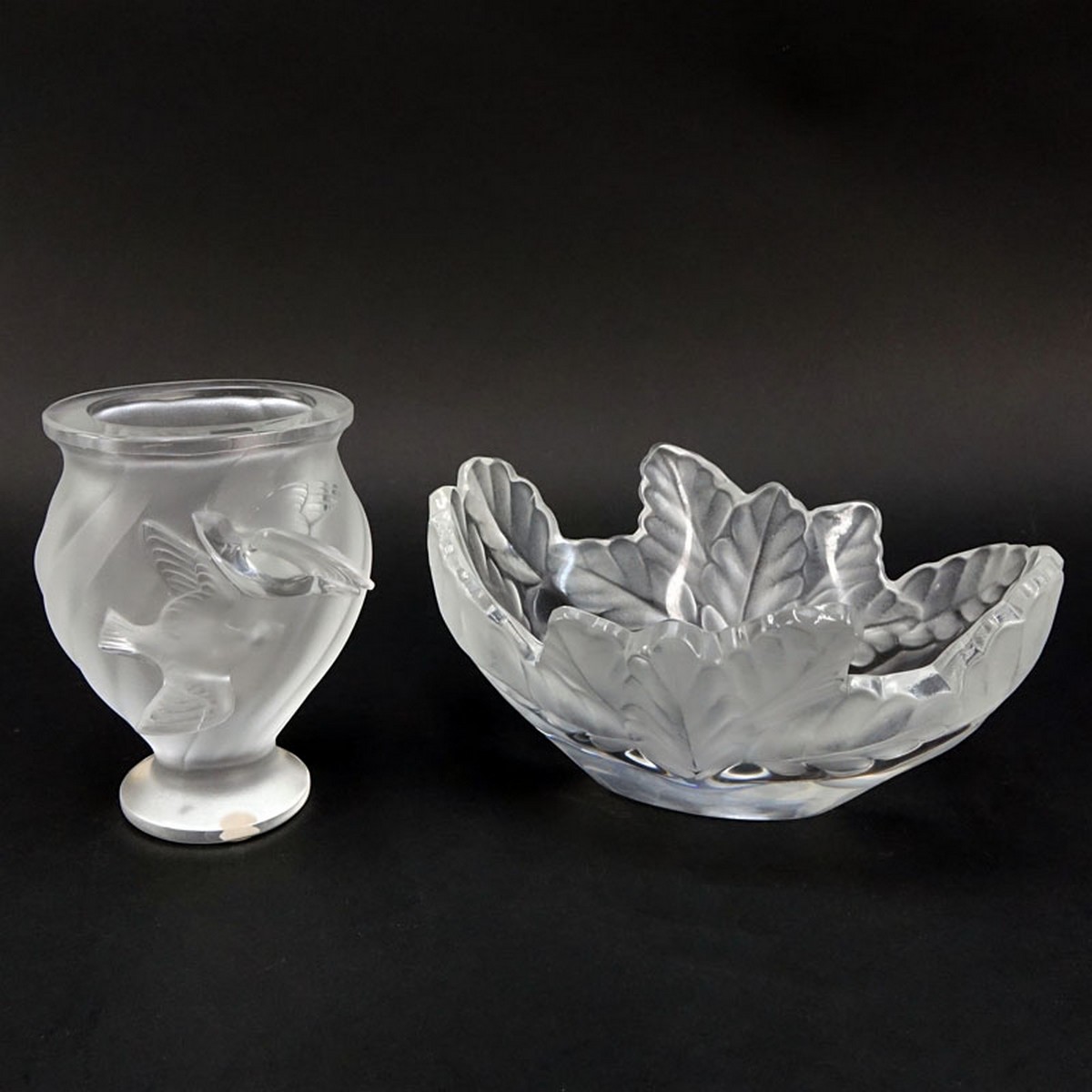 Grouping of Two (2): Lalique Compiegne Crystal Bowl, Lalique Crystal Dove Crystal Vase. Each signed appropriately.