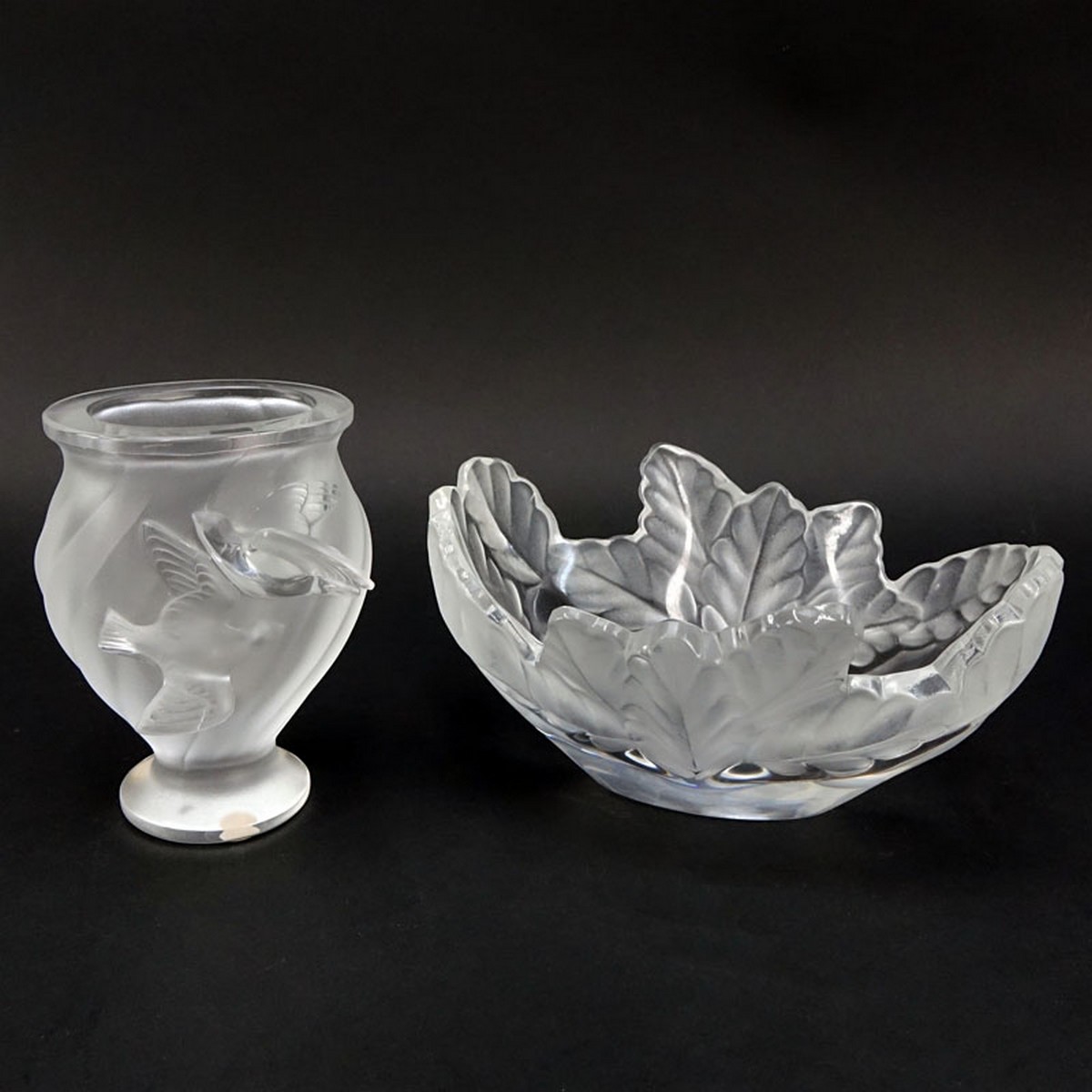 Grouping of Two (2): Lalique Compiegne Crystal Bowl, Lalique Crystal Dove Crystal Vase. Each signed appropriately.