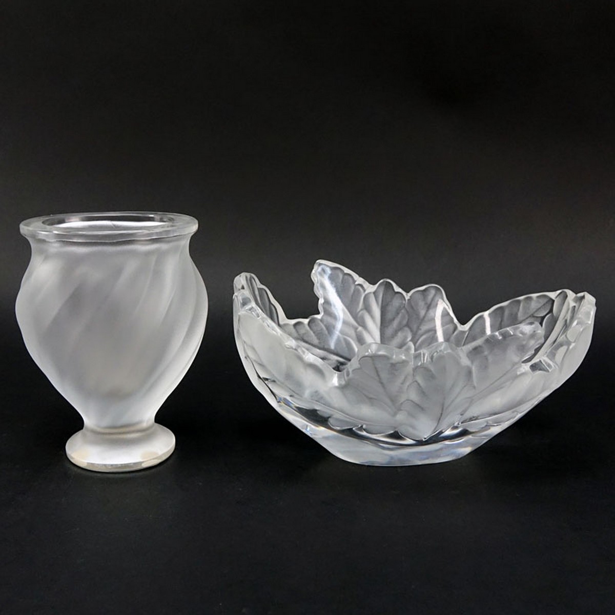 Grouping of Two (2): Lalique Compiegne Crystal Bowl, Lalique Crystal Dove Crystal Vase. Each signed appropriately.