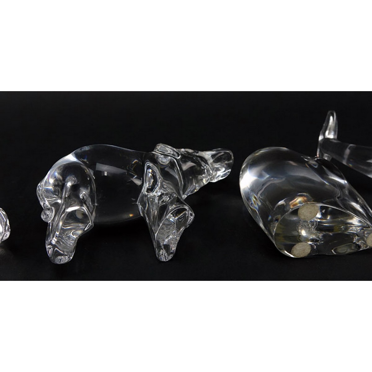 Grouping of Five (5) Paperweights: Baccarat Crystal Elephant, Baccarat Crystal Elephant with Trunk Up, Baccarat Crystal Whale, Steuben Crystal Snail, Val St. Lambert Crystal Rabbit.