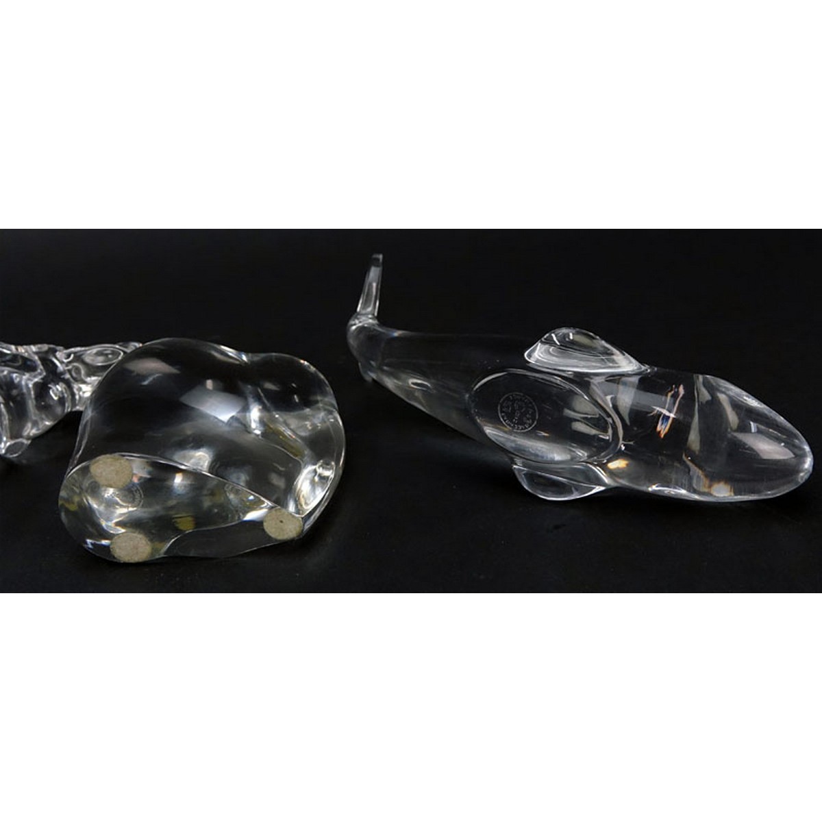 Grouping of Five (5) Paperweights: Baccarat Crystal Elephant, Baccarat Crystal Elephant with Trunk Up, Baccarat Crystal Whale, Steuben Crystal Snail, Val St. Lambert Crystal Rabbit.