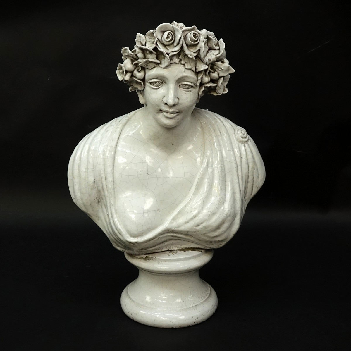 Large Faience Pottery, Neoclassical Bust of Young Woman. Unsigned.