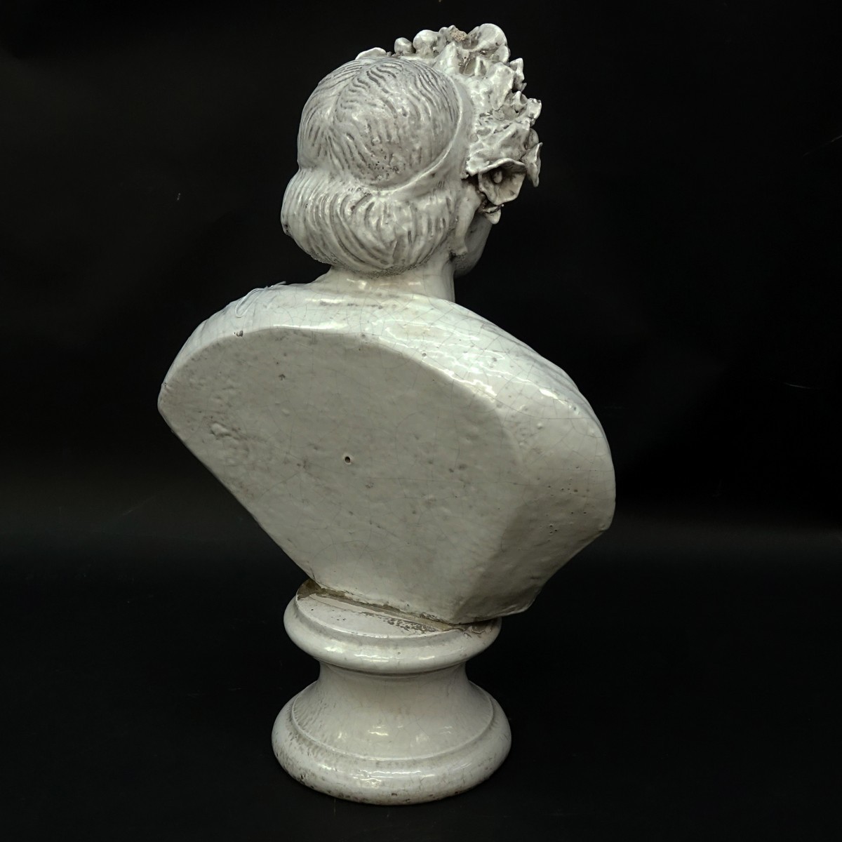 Large Faience Pottery, Neoclassical Bust of Young Woman. Unsigned.
