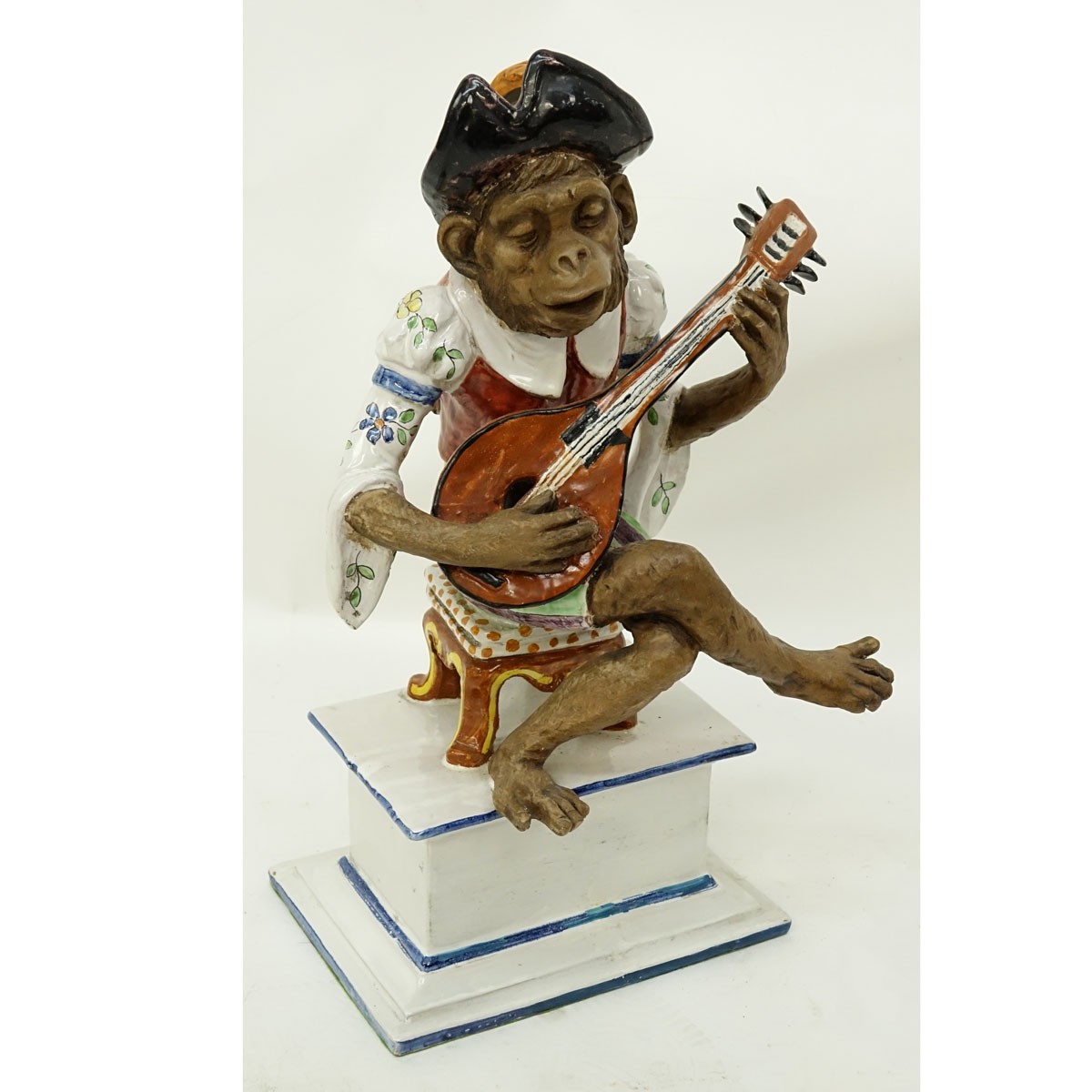 Italian Faience Pottery Figurine, Monkey Musical Player. Signed and numbered to base.