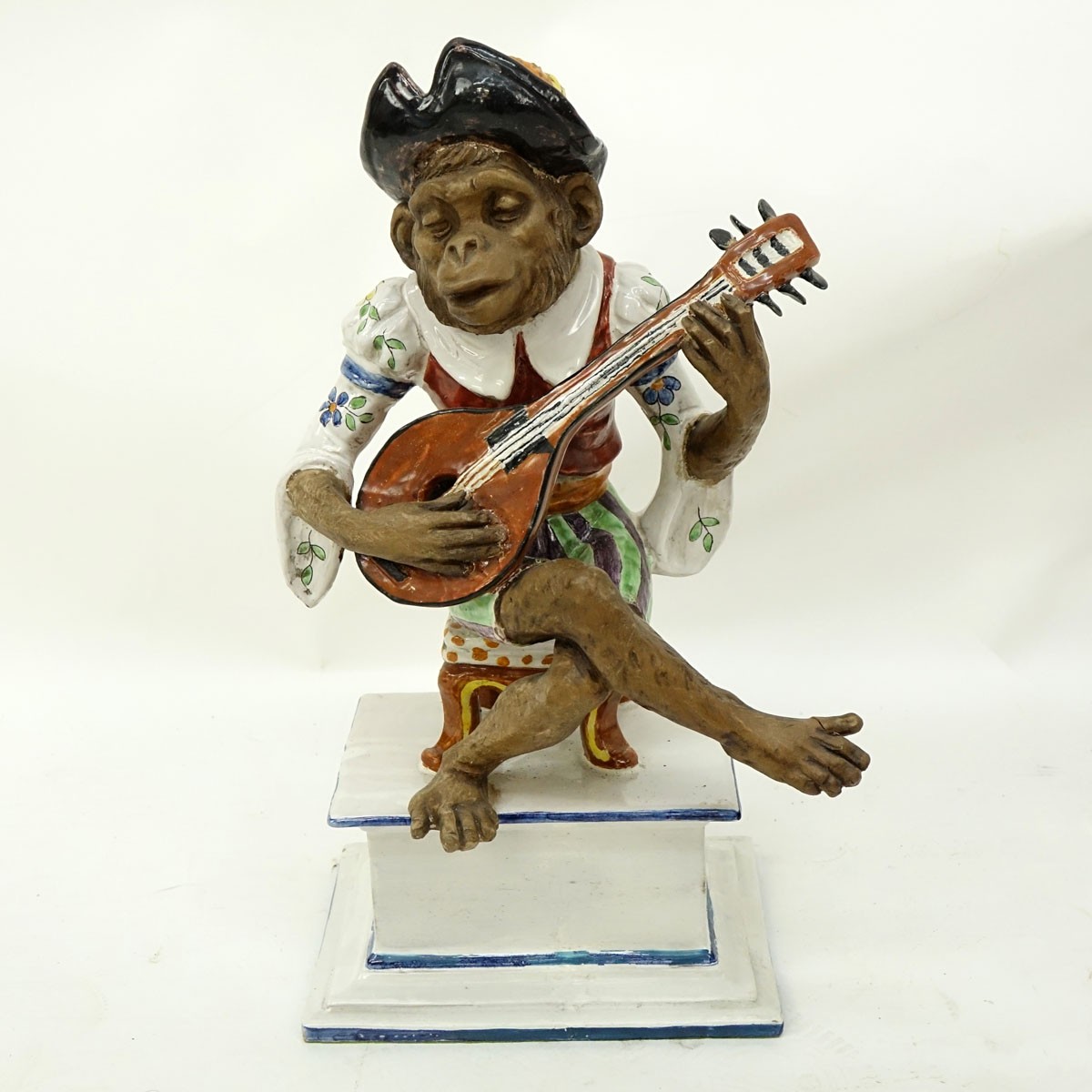Italian Faience Pottery Figurine, Monkey Musical Player. Signed and numbered to base.