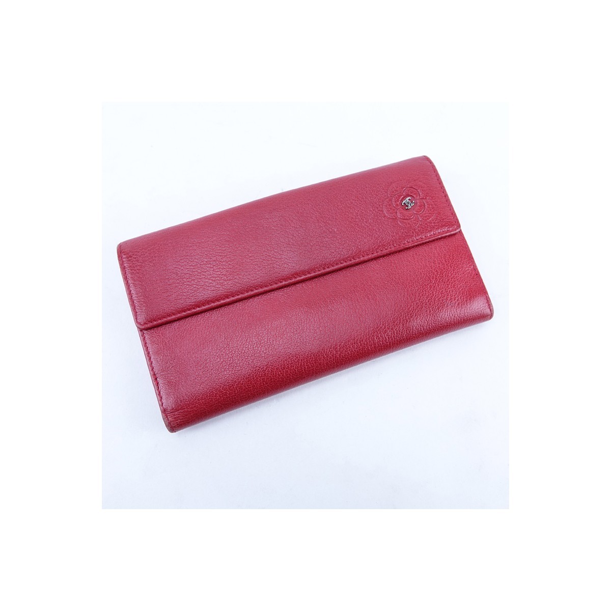 Chanel Red Small Grained Leather Flower Logo Long Wallet. Silver tone hardware, grey fabric interior.