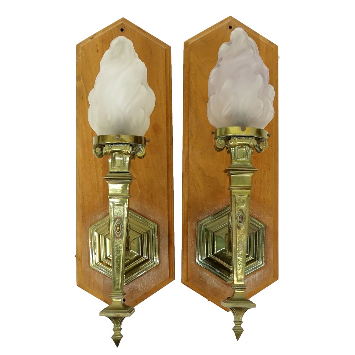 Pair of Bronze Wall Sconces with Frosted Glass Shade, Mounted on Wood Backing. Spotting and rubbing to surface.