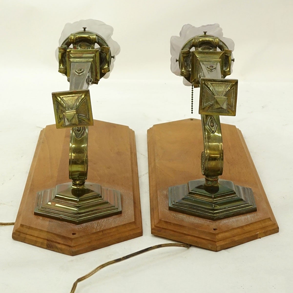 Pair of Bronze Wall Sconces with Frosted Glass Shade, Mounted on Wood Backing. Spotting and rubbing to surface.