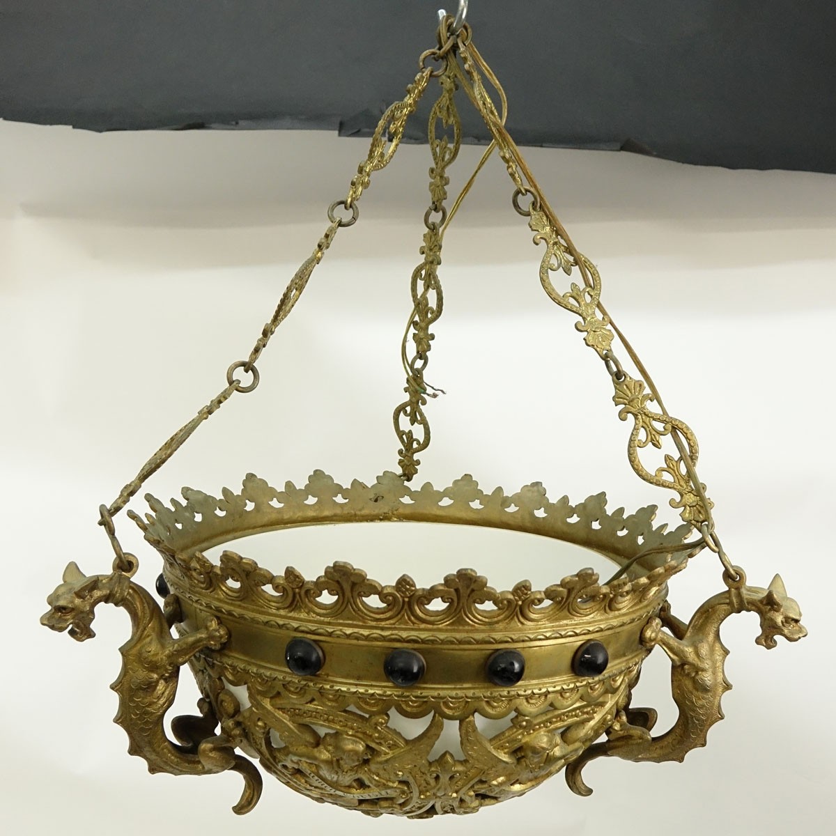 Antique Gothic Style Figural Gilt Bronze Dome Chandelier with Applied Glass Beads. Rubbing to gilt, insert has a loss.