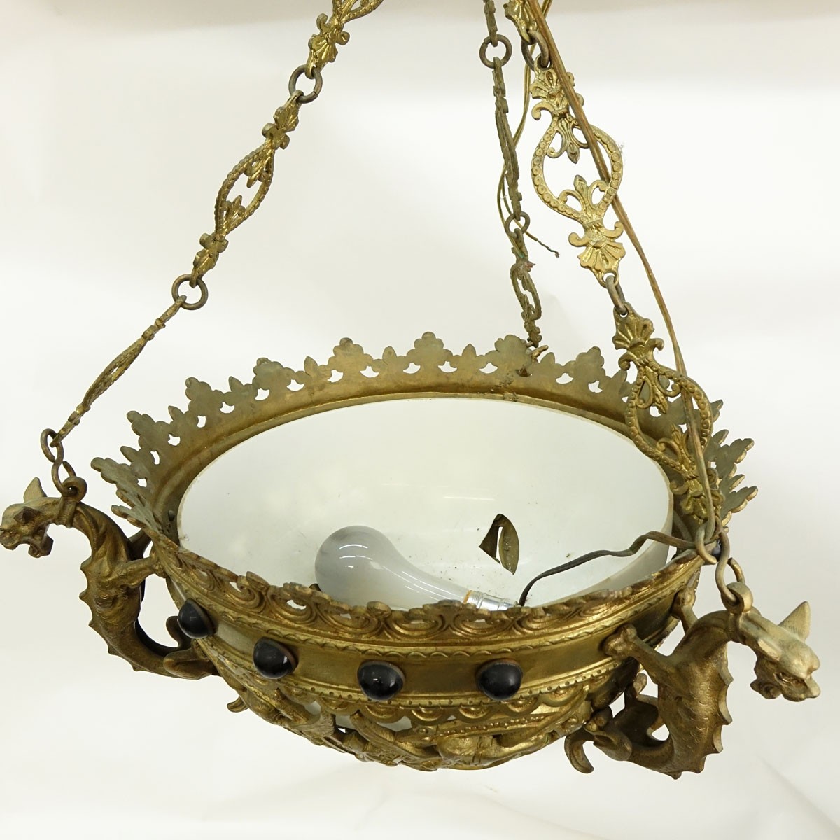 Antique Gothic Style Figural Gilt Bronze Dome Chandelier with Applied Glass Beads. Rubbing to gilt, insert has a loss.