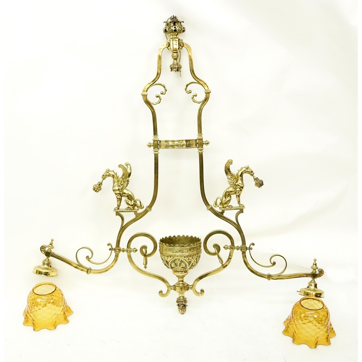 Large Gothic Style Gilt Bronze Two Arm Billiard Light Fixture with Amber Color Glass Shades. Good condition.