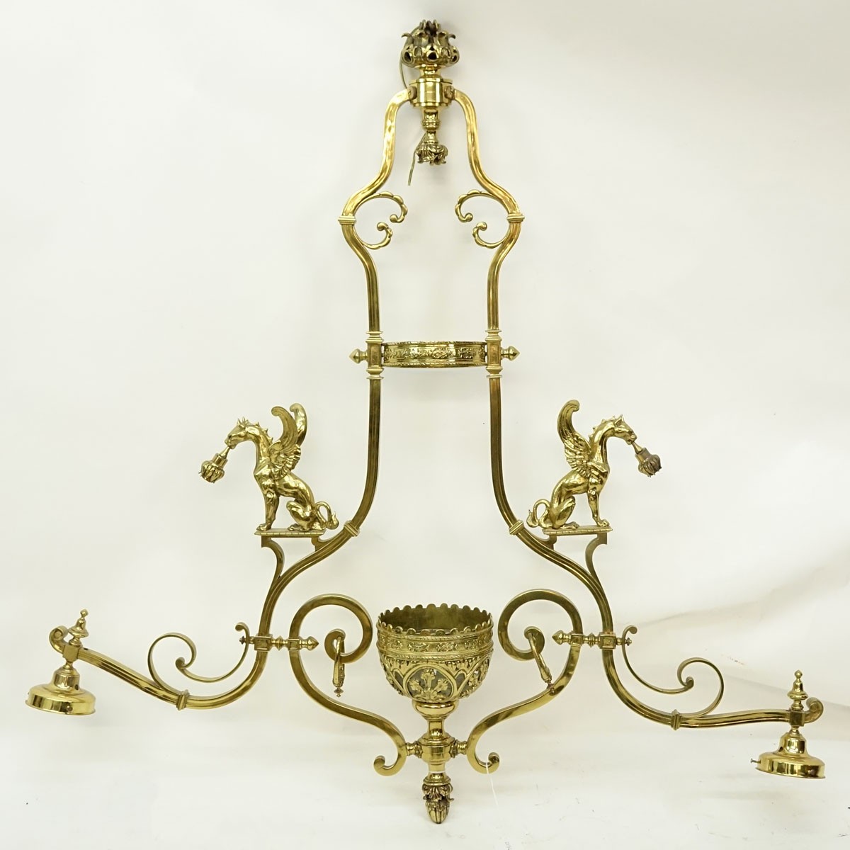 Large Gothic Style Gilt Bronze Two Arm Billiard Light Fixture with Amber Color Glass Shades. Good condition.