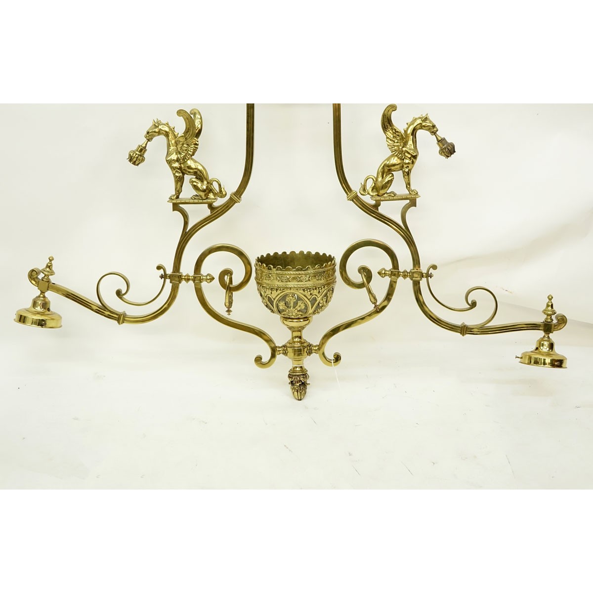 Large Gothic Style Gilt Bronze Two Arm Billiard Light Fixture with Amber Color Glass Shades. Good condition.