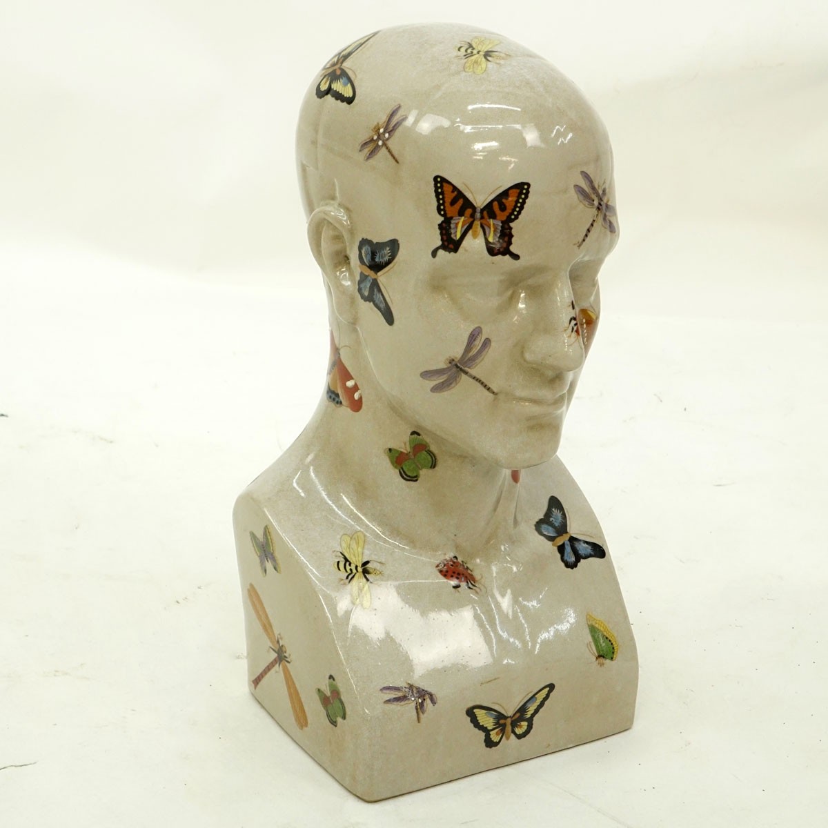 Large French Style Faience Bust of a Male Figure with Insects Motif. Unsigned.