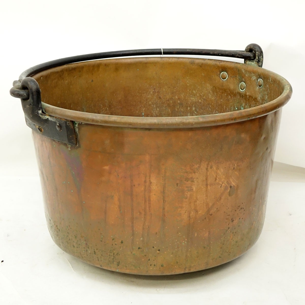 Large Antique Copper Pot. Rubbing to surface, dents, spotting and green patina.