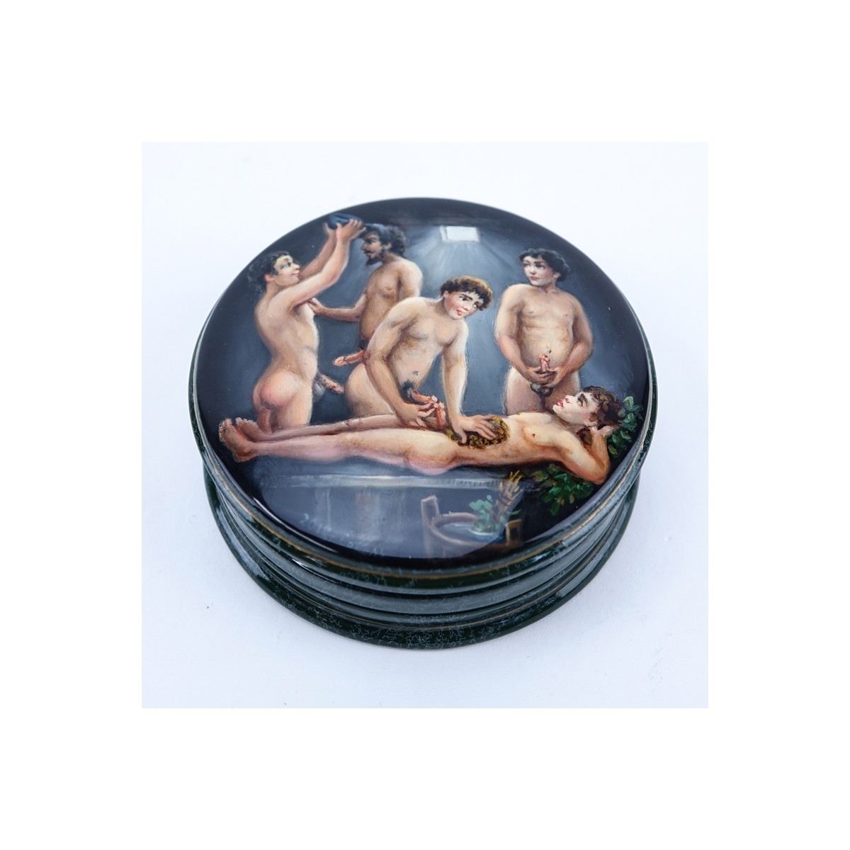 Russian Three (3) Part Lacquered Box with Painted Heteroerotic Scene to Top and Homoerotic Scene On Inside Top. Artist signed.