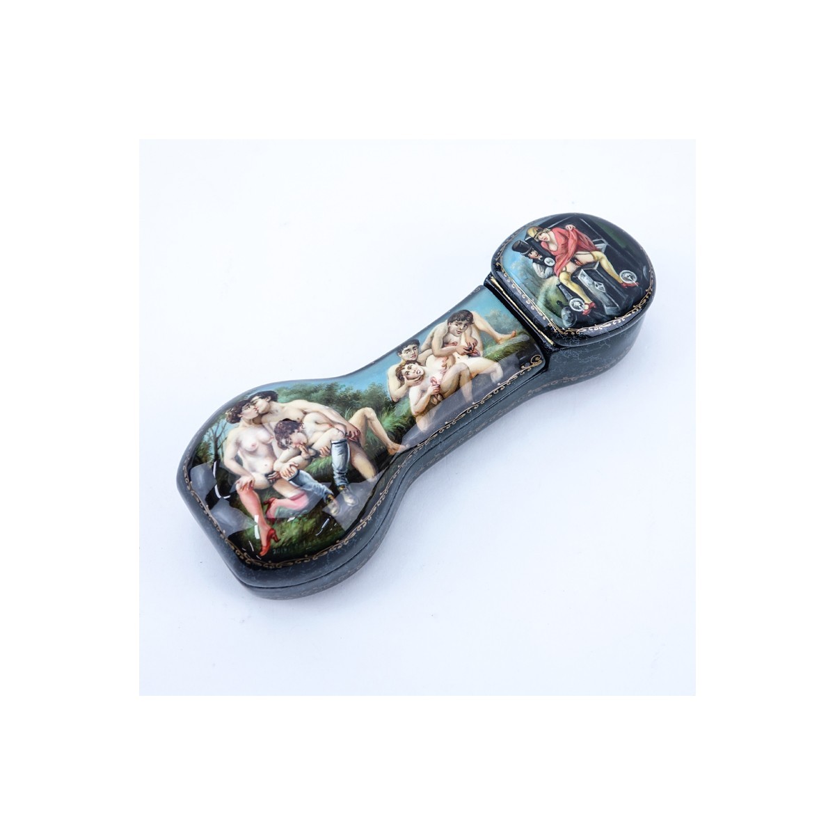 Russian Phallus Shaped  Lacquered Box with Painted Erotic Scene. Artist signed.