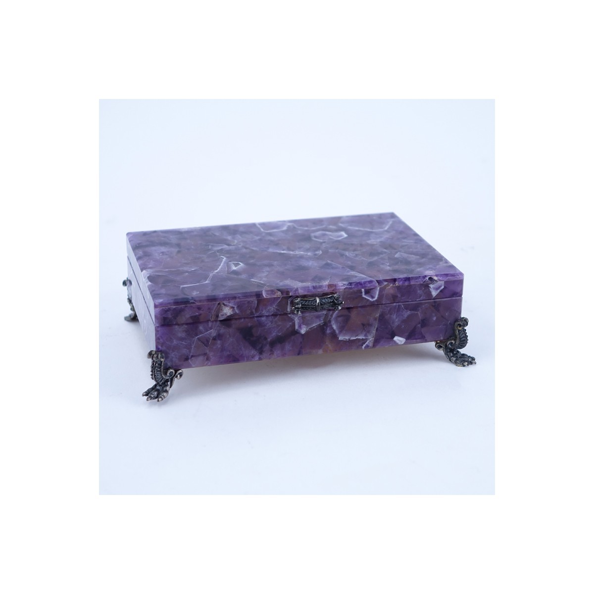 Vintage Amethyst Hinged Covered Box with 800 Silver Claw Feet. Stamped.